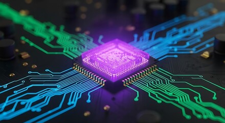 A vibrant, glowing central processor chip on a dark circuit board, with illuminated blue and green data pathways radiating outwards, symbolizing advanced technology and digital connectivity
