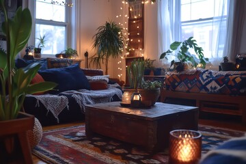 A bohemian living room characterized by an eclectic mix of colors, patterns, and textures. 