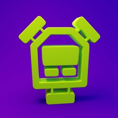 Green Stopwatch icon isolated on purple-blue background. Time timer sign. Chronometer sign. Minimalism concept. 3D render illustration