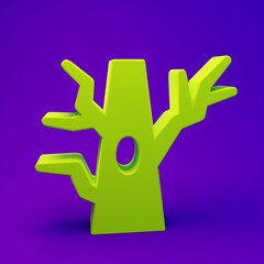 Green Bare tree icon isolated on purple-blue background. Minimalism concept. 3D render illustration