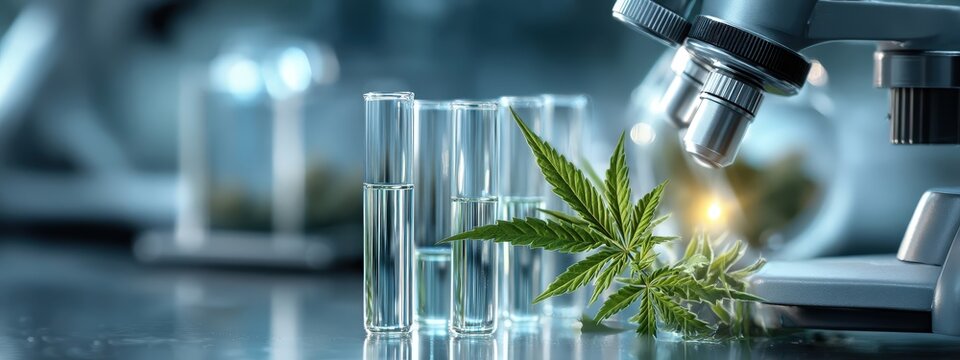 Cannabis and extracts in beakers in scientific laboratory next to microscope