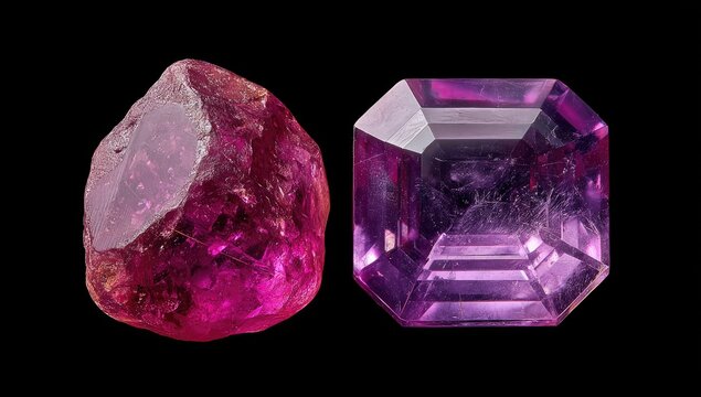 Two pink gemstones, one raw, one cut - Powered by Adobe