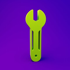 Green Wrench spanner icon isolated on purple-blue background. Spanner repair tool. Service tool symbol. Minimalism concept. 3D render illustration