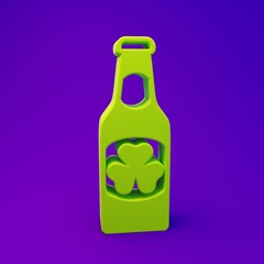 Green Beer bottle with clover trefoil leaf icon isolated on purple-blue background. Happy Saint Patricks day. National Irish holiday. Minimalism concept. 3D render illustration