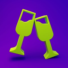 Green Glass of champagne icon isolated on purple-blue background. Merry Christmas and Happy New Year. Minimalism concept. 3D render illustration