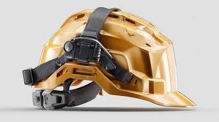 A golden industrial safety hard hat with a black adjustable chin strap featuring white reflective detailing, presented in a clean studio setting against a light gray background.