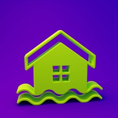 Green House flood icon isolated on purple-blue background. Home flooding under water. Insurance concept. Security, safety, protection, protect concept. Minimalism concept. 3D render illustration