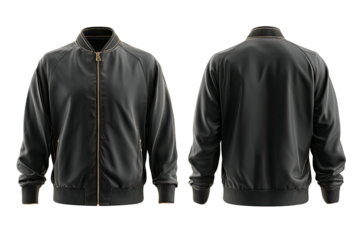 Black bomber jacket, front & back views, gold trim, isolated