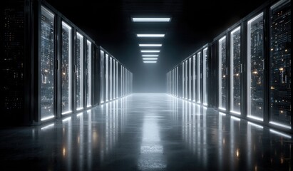 A futuristic server room, illuminated by white lights