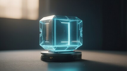 Futuristic glowing blue crystal cube artifact on a display stand, representing advanced digital technology and data concepts