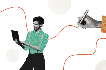 Composite photo collage of happy businessman type laptop device freelance worker hand hold pen draw line isolated on painted background