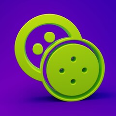 Green Sewing button for clothes icon isolated on purple-blue background. Clothing button. Minimalism concept. 3D render illustration