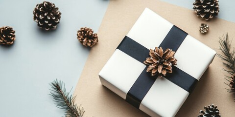 Fototapeta premium Elegant Christmas Gift Arrangement with White Present, Black Ribbon, and Pine Cones for Festive Joy