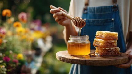 Obraz premium Fresh Honey Harvest: Person in an apron holds honey jar and honeycomb on a wooden board outdoors in a blooming garden