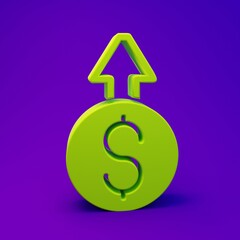 Green Financial growth dollar coin icon isolated on purple-blue background. Increasing revenue. Minimalism concept. 3D render illustration