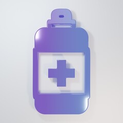 Purple-blue Bottle of liquid antibacterial soap with dispenser icon isolated on grey background. Antiseptic. Disinfection, hygiene, skin care. Minimalism concept. 3D render illustration