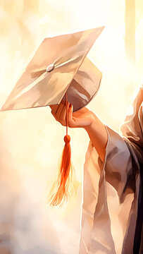 Watercolor of a Graduate Hand Holding a Cap. Academic Achievement, University Commencement, Education Ceremony.