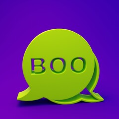 Green Boo speech bubble icon isolated on purple-blue background. Happy Halloween party. Minimalism concept. 3D render illustration