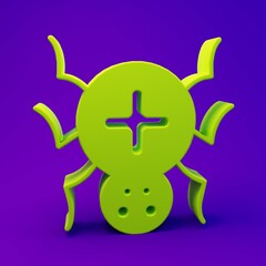 Green Spider icon isolated on purple-blue background. Happy Halloween party. Minimalism concept. 3D render illustration