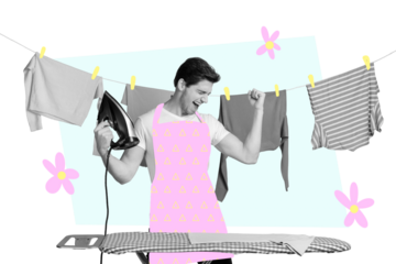 Composite photo collage of happy housekeeper man hold iron tool board dry clothes string laundry day textile isolated on painted background