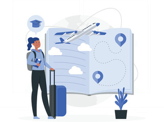 Young woman with suitcase and passport ready for educational travel abroad with airplanes and map student