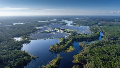 Obraz premium Solar array amidst forest, water reflecting sky