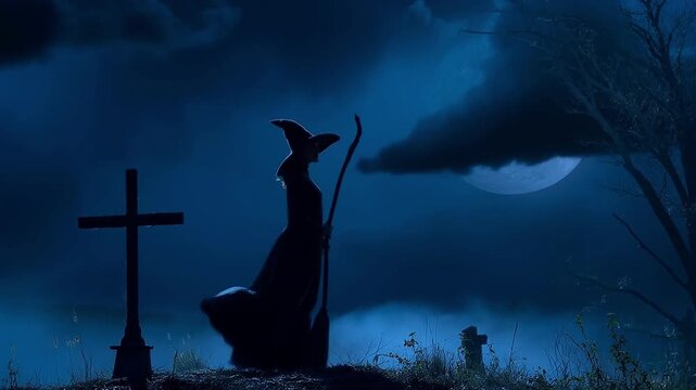 Halloween witch holding broom standing on grass field over cross, dead tree, full moon and cloudy spooky sky, Halloween mystery concept