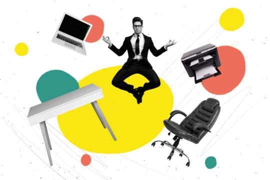 Creative trend collage of funny young man meditate businessman office workplace flying bizarre unusual fantasy billboard