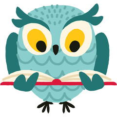 Cute Light Blue Cartoon Owl Holding An Open Book With Yellow Eyes On A Transparent Background