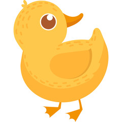Cute cartoon yellow duckling with orange beak and feet standing on transparent background animated illustration