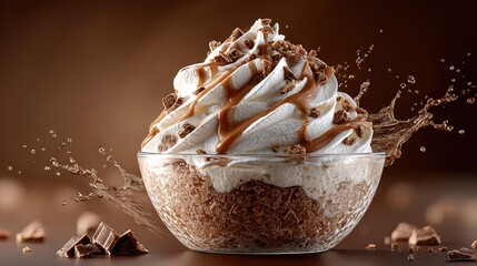 A decadent chocolate dessert in a glass bowl topped with whipped cream caramel drizzle and crunchy toppings a dynamic splash of chocolate liquid is captured mid air in this studio photograph.
