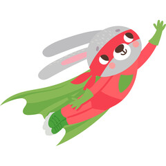 Cute cartoon rabbit superhero flying with green cape and red costume against a white background