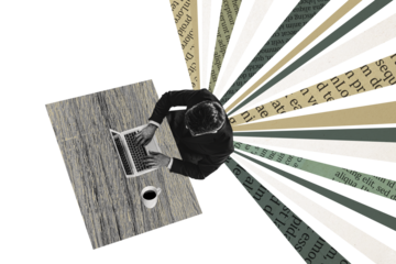 Composite photo collage of businessman freelancer sit office table type laptop coffee cup beverage isolated on painted background