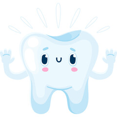 Cute cartoon tooth character with a happy face blushing cheeks and raised hands sparkling with a bright white glow against a transparent background symbolizing dental health and hygiene