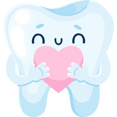 Cute cartoon tooth character with happy expression holding a pink heart with both hands on a transparent background