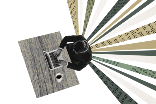 Composite photo collage of businessman freelancer sit office table type laptop coffee cup beverage isolated on painted background