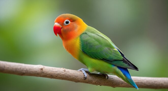 Colorful Lovebird Perched on Branch - Close-up of a Fisceri Lovebird with Vibrant Plumage and Red Beak.