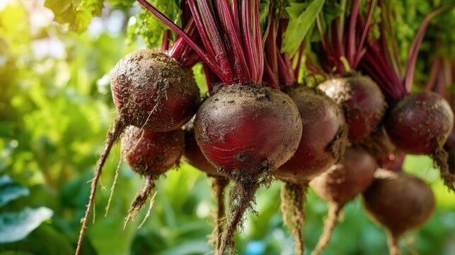 A bright close-up of a bunch of freshly harvested beets with remnants of soil, hanging in the sunlight