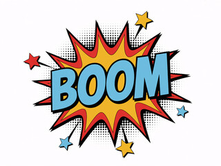 Explosive 'BOOM' comic book sound effect with vibrant stars and halftone dots creates dynamic impact for modern design projects