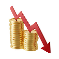 financial downturn: red arrow and stacks of coins on white background.