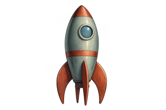 Retro cartoon rocket standing, representing space travel, startup launch, innovation, and childhood adventure on transparent background