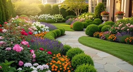 Obraz premium Lush Garden Landscape with Flowers, Greenery, and Stone Pathway in Residential Setting.