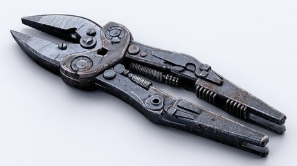 Obraz premium A macro close up shot of a pair of rusty pliers, showing intricate metallic texture and detail against a clean white background.