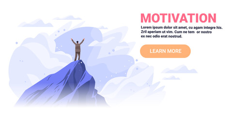 Motivation mountain peak achievement success person standing arms raised blue sky clouds modern web banner