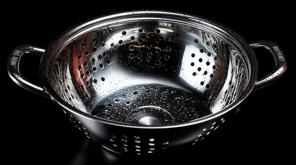 A shiny metallic colander with two handles is positioned on a plain black background. This kitchen utensil is designed for draining liquids from food.