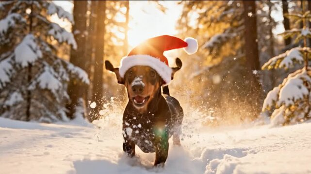 Happy dachshund dog wearing a red Santa hat runs through a snowy forest trail with sunlit trees and snowflakes creating a festive and joyful winter holiday moment
