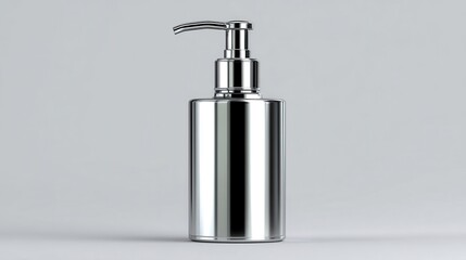 A shiny silver pump bottle with a dispenser nozzle is shown against a plain light gray background. The bottle has a cylindrical shape and a metallic finish reflecting the studio lighting.