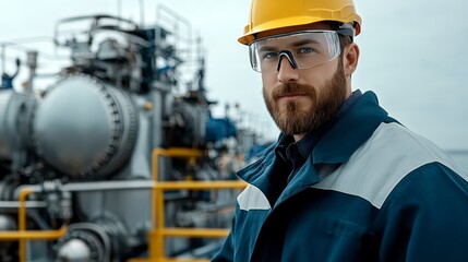 Industrial Professional Inspecting Complex Machinery with Engineering Safety Standards and Focus.