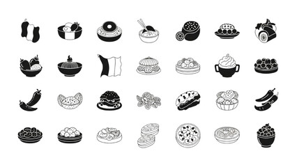Globally Inspired Culinary Icons Collection Featuring Diverse Food, Drinks, and Dessert Concepts for Cultural and Gastronomic Themes