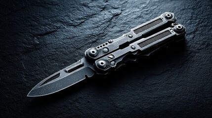 A close up studio shot of a silver metal butterfly knife with a serrated blade, lying open on a dark, wet, textured surface with small water droplets.